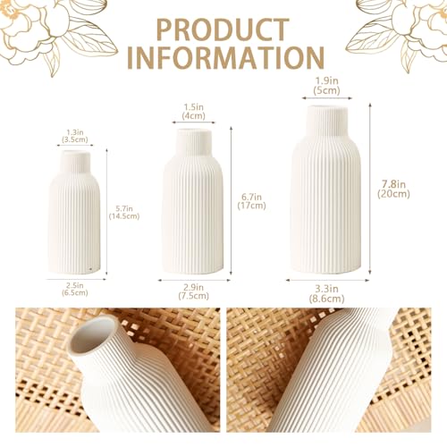 Bohemian White Ceramic Vase - for Pampas Grass, Mantel, Bookshelf, Entryway and Living Room Decor (White, Set of 3) - color: White, size: Set of 3