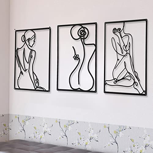 CHENGU 3 Pieces Metal Minimalist Abstract Woman Wall Art Line Drawing Wall Art Decor Single Line Female Home Hanging for Kitchen Bathroom Living Room - style: Elegant Style
