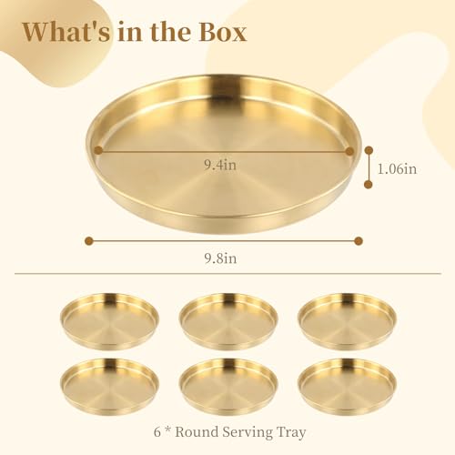 6 PCS Gold Tray Serving Platter, 9.8 Inches Round Gold Decorative Trays, Stainless Steel Coffee Table Tray, Vanity Jewelry Makeup Organizer, Countertop Tray for Bathrooms, Cafes, Restaurants