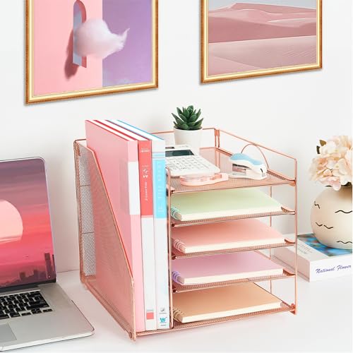 LEKETREE Desk Organizers and Accessories, 5-Tier Paper Letter Tray Organizer with File Holder, Desktop Organizer for Office Supplies (Rose Gold) - color: Rose Gold, size: 12" x 12" x 12"