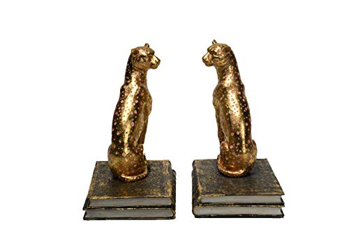 Comfy Hour 9.1" Gold Cheetah Egyptian Bastet Figurine Style Bookends, Antique Vintage Leopard Statue Home Decor, Heavy Duty Animal Book Stoppers Pair