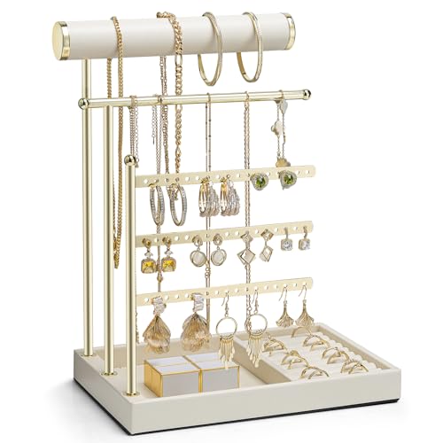 VLANDO Jewelry Stand Organizer with Ring Holder, Mothers Day Mom Gifts, Jewelry Holder Organizer with Tray, Necklace Holder Bracket Holder Earring Holder - Cloud White - color: Cloud White