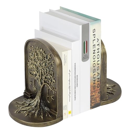 Tree of Life Vintage Heavy Bookends, 2 Unique Bronze Decorative Bookend for Shelves or Bookcase, Anti-Slip Book Shelf Bookends Decorative, Gifts for Mother and Father - style: Tree of Life