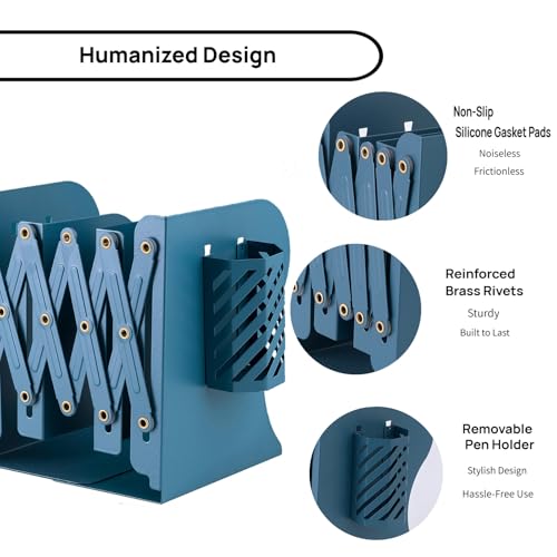 Adjustable Book Ends for Heavy Books, Metal Expandable Bookends for Shelves, Book Organizer Stopper Holder for Desk, Kids Room, Classroom, Office, Library (Blue) - color: Blue
