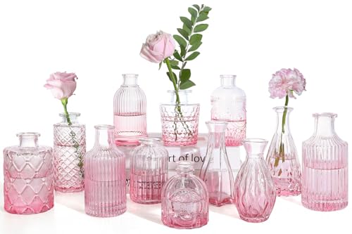 TBWIND Pink Glass Bud Vases Set of 12, Vintage Mini Vases for Centerpieces, Glass Bud Vase in Bulk for Wedding Decor, Single Flowers, Office and Home Table Flower Décor - color: 12pcs-pink