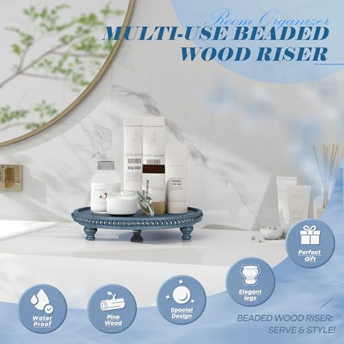 EOSAHR Round Pine Wooden Display Riser - Beaded Wood Riser for Plant Holder & Kitchen Sponge Holder, Perfume Stand Organizer - Rustic Farmhouse Style Kitchen Counter Decor, Boho Home Aesthetic (Blue) - color: Blue