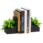 Mind Reader Contemporary Planter Bookends, Book Holders with Faux Greenery, Decorative Desktop or Shelf Organizer, Cement, Set of 2, Black