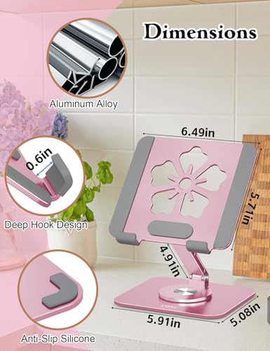 Rotating Tablet Stand for Desk-Aluminum Office Desk Accessories for Women Moms iPad Gifts Home Office Portable Monitor Stand for iPad, Compatible with iPad Pro, Air, Mini, Kindle, 4–12.9",Pink - color: Pink