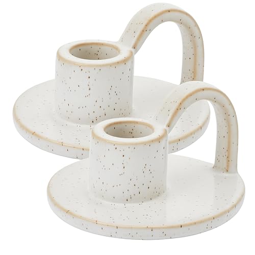 Ceramic Taper Candle Holders with Handle (Set of 2) – Tall Candlestick Holders for Table Decor Centerpieces, Rustic Home Décor, and Dinner Table Styling Vanilla - color: Vanilla