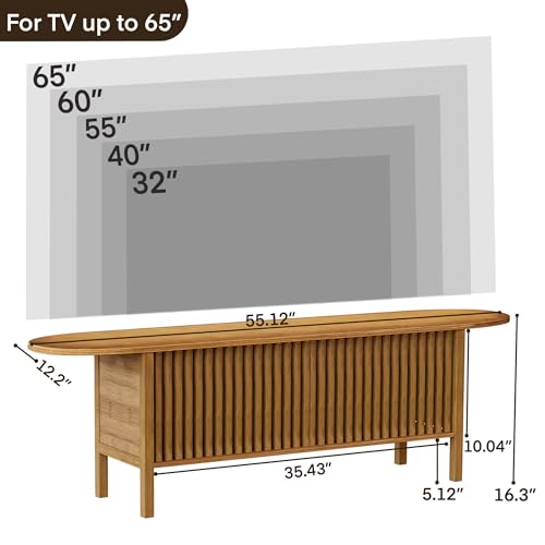 Bamboo TV Stand for TVs up to 65", Accent Entertainment Center with Storage, Media Console Table with Fence Door, Modern TV Stand for Living Room, Bedroom, 55"(L), Walnut - color: Walnut Fence Door