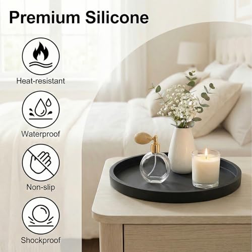 Round Tray Silicone Black, 10.6 Inch Bathroom Tray Countertop Decor, Vanity Trays for Bathroom Organizers, Waterproof Bathroom Tray for Counter, Decorative Coffee Table Tray - color: Black, size: 10.6
