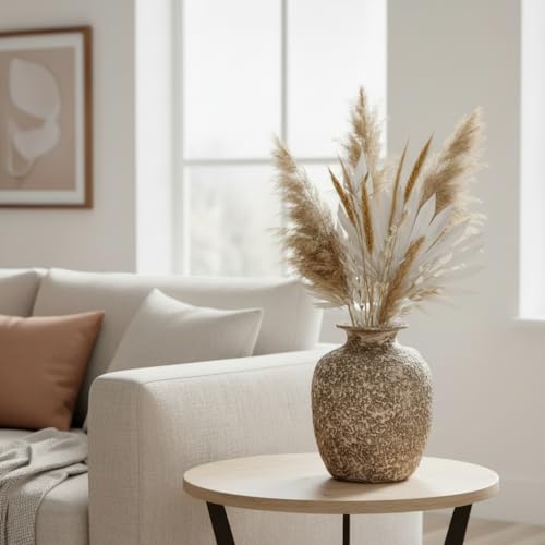 Brown Ceramic Vase - 7 Inch Rustic Textured Vase for Flower, Terracotta Farmhouse Vases for Home Decor, Coffee Table, Artificial Branches, Night Stand Decor - color: Rustic Brown