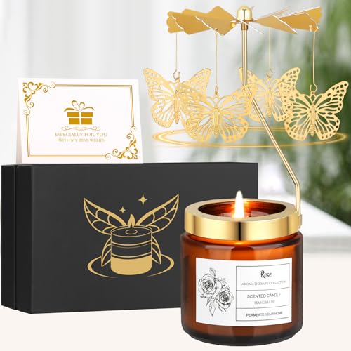 Rotatable Rose Scented Candle Gifts, Butterfly Gifts for Women Mom Wife Anniversary Valentine's Day Christmas, Unique Birthday Gift for Sister Girlfriend with Gift Box - color: Rose-Butterfly