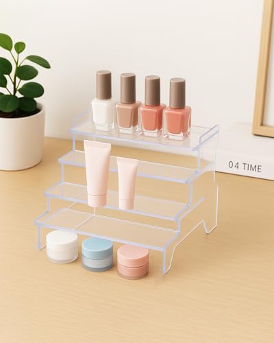 4 Tier Compact Acrylic Display Risers for Perfume, Cupcakes, Figurines – Clear Tiered Tray Stand for Decorative Organizing, Party, Holiday 8.27 IN
