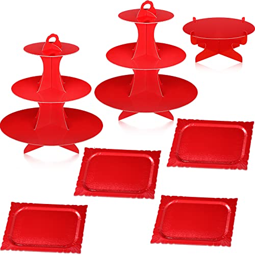 Zopeal 7 Pcs Dessert Table Display Set 3-Tier Cupcake Stand 1-Tier Cup Cake Display Tower Platters and Serving Trays Cardboard Cake Cookie Holders for Wedding Birthday Party Baby Shower(Red) - color: Red