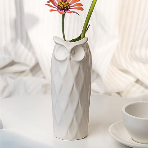 Owl Ceramic Vase Set of 2 for Living Room Bedroom 9.45'' and 8.27'' Modern White Fake Flower Plant Vases for Home Decor Office Table Shelf Fireplace Retro Rustic Farmhouse Vintage Classic Gift - color: White