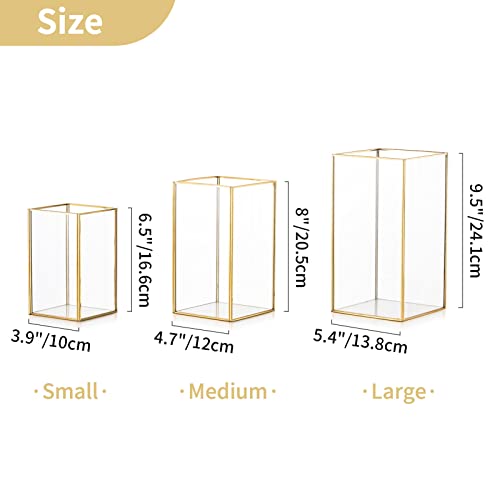 Nuptio Glass Hurricane Candle Holder Set of 18 Gold Pillar Candle Holders Large Rectangular Candleholder Table Centerpieces Decoration for Wedding Party Holiday Home Ornaments 9.5 & 8.1 & 6.5 inch - color: Gold, size: 9.5 & 8.1 & 6.5 inch H - 18 Pcs