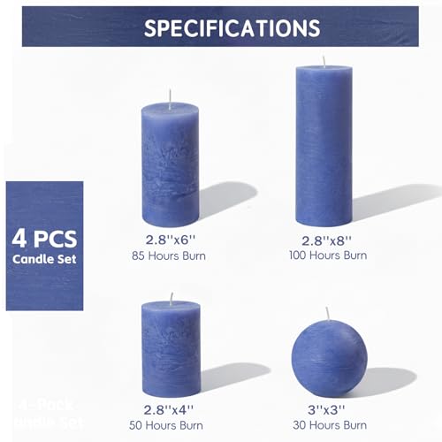 Dark Blue Rustic Textured Pillar Candles Set - 4 Pcs Assorted Sizes Unscented Pillar Candle, Decorative Farmhouse Candles for Home Centerpiece Decor, Holiday Dinner Table, Dripless & Smokeless - color: Royal Blue