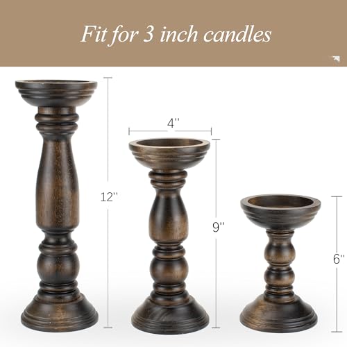 Farmhouse Wooden Candle Holders for Pillar Candles Set of 3, Rustic Wood Candle Holder Table Centerpiece Decor, 12'' 9'' 6'' Vintage Tall Candle Stand Decorative, Dark Brown - color: Vintage Brown
