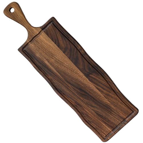 Elegant Walnut Wood Long Serving Board with Handle - Charcuterie Wooden Board - Stylish Versatility for Culinary Delights - Reversible with Juice Groove - 27.6x6.3x0.8 in - Woodie Poppins (Medium) - size: 27.6" x 6.3" x 0.8"