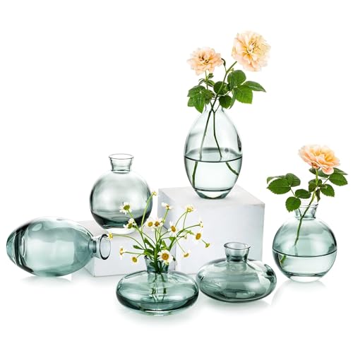 Small Glass Bud Vase for Centerpieces, 6Pcs/2Sets Green Modern Small Mini Flowers Vases Short Minimalist Aesthetic Vintage Cute Handmade Tiny Wedding Table Centerpiece for Single Flower Rose - color: Green, size: 2 Sets