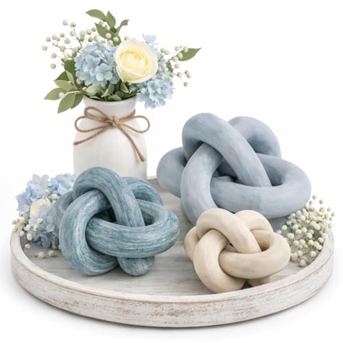 3 Pack Wooden Knot Decorations 3 Color Set Coordinated Boho Nautical Home Decor for Shelf, Wall, Tabletop, Sizes 3.94", 4.72", 5.91"(Gradient Blue) - color: Gradient Blue