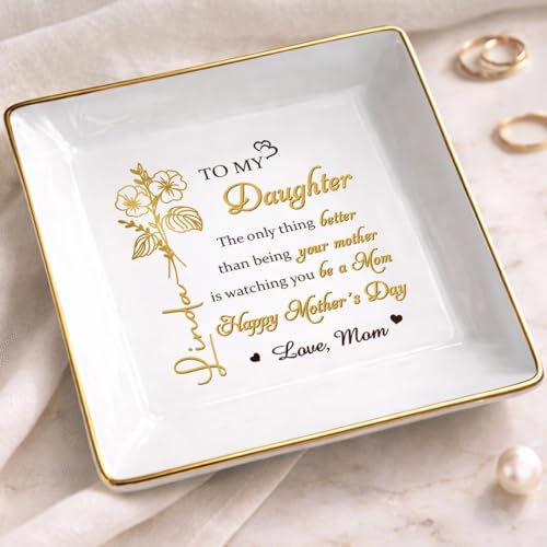 Personalized Birth Month Flower Jewelry Dish, To My Daughter Trinket Tray, Mothers Day Birthday Gifts for Daughter, Custom Floral Name Ring Dish For Wedding, Ring Holder - color: To My Daughter