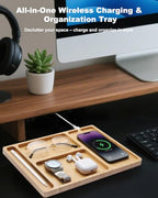 Valet Tray, Built-in Wireless Charger, Nightstand Organizer, Bamboo Desk Bedside Caddy Organizer Tray for Men, EDC Catchall Trays for Keys, Watch, Phone, Jewelry