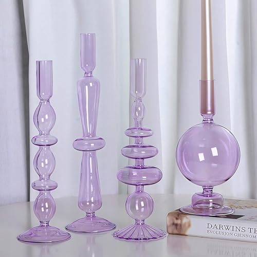 Candle Stick Candle Holder, Glass Candle Holders for Table Centerpiece, Modern Style Purple Candle Holder Mixed 4pcs - color: Purple