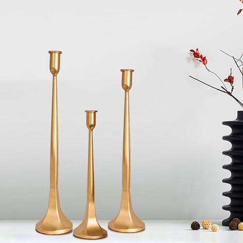 Candlestick Holders Set of 3, Iron Taper Candle Holder Set, Decorative Tall Candle Stand Fits 3/4 inch Thick Candles for Wedding, Dining Table, Party Decoration - color: Antique Brass