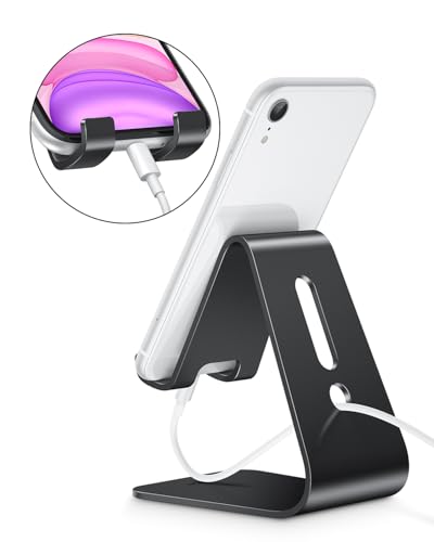 OMOTON Upgraded Aluminum Cell Phone Stand, C1 Durable Cellphone Dock with Protective Pads, Smart Stand Designed for iPhone 17 Air, 16/15/14/13 Pro Max XR XS, iPad mini, Android Phones, Black - color: Black