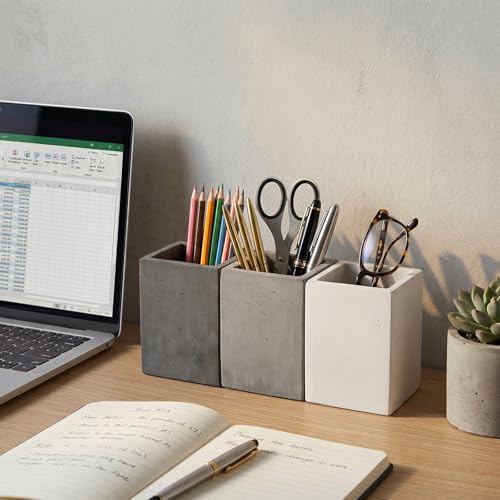 MyGift Pen Holder Pencil Holder For Desk,Pen Cup Holder For Desk,Concrete Desktop Pencil Cup,Modern Gray-Tone,Set of 3 - color: White-Gray-Black