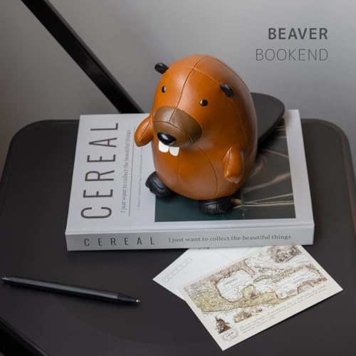 Zuny Bookend Beaver, Leather Bookends for Shelves, Handmade Animal Home Decor, Classic Series, Tan+Brown - color: Beaver