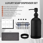 Kitchen Soap Dispenser Set with Instant Dry Tray & Sponge Holder,16 Oz Hand and Dish Soap Black Glass Dispenser Set,Stainless Steel Pump,Waterproof Labels,Luxury Soap Bottle for Bathroom - color: Black Bottle+black Pump