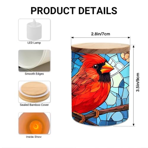 Cardinal Stained Glass Tea Light Holder for Home Decoration, Pink Flower Tealight Candle Holders with Bamboo Lid, Cardinal Bird Votive Candle Jar Memorial Glass Candlesticks - 3.5"x2.8" - color: Cardinal