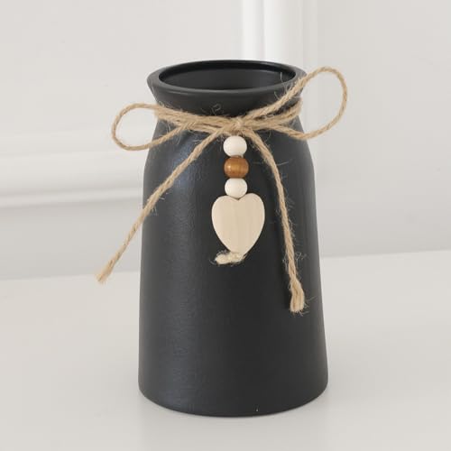 Premium Ceramic Vase with Jute Rope & Heart Charm | 6-Inch Decorative Flower Vase for Modern & Farmhouse Décor, Black Color - color: Black