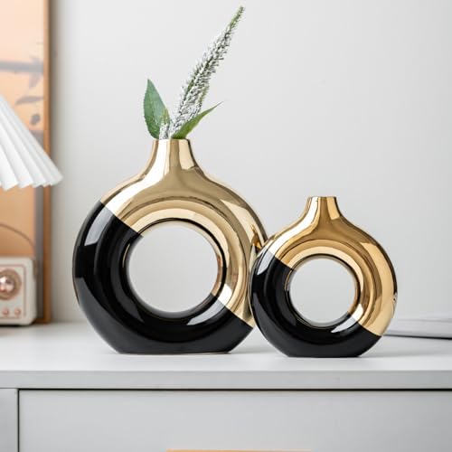White and Gold Donut Vase, Modern Ceramic Vase for Pampas Grass, Perfect Centerpiece for Weddings, Living Room, and Office Decor (Black Gold, Set(S+L)) - color: Black Gold, size: SET(S+L)