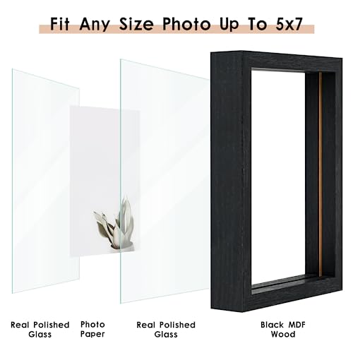 MUYE 5x7 Floating Frames Set of 2,Double Glass Picture Frame Display Any Size Photo up to 5x7,Wall Mount or Tabletop Standing,Black - color: Black, size: 5x7