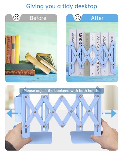 Honagu Adjustable Bookends, Metal Book Ends for Shelves Heavy Book, Bookend for Home, Office, Books, Papers, Book Stopper with Removable Hook, Pen Holder, Gifts for Students, Teachers（Light Blue） - color: Light Blue