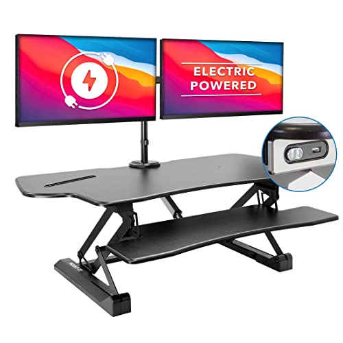 Mount-It! Electric Standing Desk Converter with Dual Monitor Arm, Stand Up Desk Riser X-Large 47.2" Wide, Electric Desk Riser with Mount for 2 Screens (Max 32"), Desktop with Keyboard Tray, USB, Black - size: X-Large 47.2"