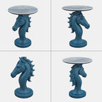 Luxury Horse Statue Round Side Table - 24" Faux Marble Top End Table, Luxury Resin Animal Sculpture Pedestal, Unique Artistic Accent Table for Living Room, Bedroom & Office, Navy Blue - color: Blue Horse