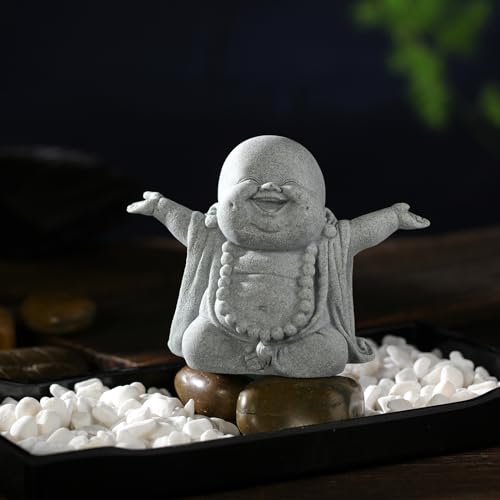 Landical Buddha Sandstone Statues, Zen Monk Praying Statue Sculptures Ornament for Wealth Good Luck Feng Shui Decor Home Office Car Decoration(Laughing Buddha) - style: Laughing Buddha