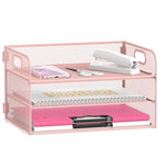 DALTACK 3 Tier Paper Organizer with Handle, Mesh Metal Desk Organizer with Sliding Paper Trays for Letter/A4 Paper, Mail, Bills & Folders, Pink - color: Pink