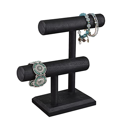 Ikee Design 2 Tier Wooden Jewelry Bracelet Watch Display Tower, Bangle Scrunchie Necklace Holder Storage Stand, 7.9 W x 4.3 D x 9.4 H in, Black Color - color: Black
