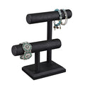 Ikee Design 2 Tier Wooden Jewelry Bracelet Watch Display Tower, Bangle Scrunchie Necklace Holder Storage Stand, 7.9 W x 4.3 D x 9.4 H in, Black Color - color: Black