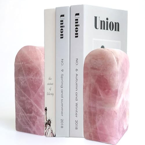 Natural Rose Quartz Bookends 3.5-4 lbs Pink Crystal Stone Decorative Bookends with Non-Slip Bumpers for Home and Office Decor