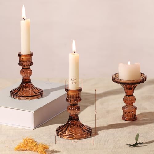 12PCS Amber Candlestick Holders Set- 4" H Taper Candle Holders, Glass Candle Holders Bulk for Wedding, Party, Fall Home Table Centerpieces, Festival Gifts & Windowsill Decor - color: Amber Striped Pattern