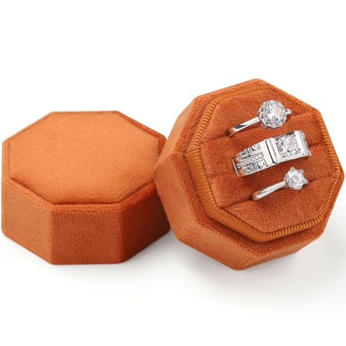 WantGor Velvet Ring Box, 3 Slots Jewelry Ring Gift Box Vintage Ring Display Holder Case for Wedding Ceremony Proposal Engagement (Orange) - color: Orange