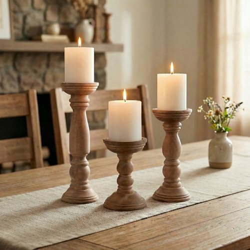 Farmhouse Wooden Candle Holders for Pillar Candles Set of 3, Rustic Wood Candle Holder Table Centerpiece Decor, 12'' 9'' 6'' Vintage Tall Candle Stand Decorative, Brown - color: Natural Brown