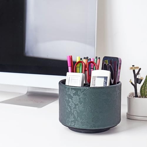 lizimandu Round Leather Art Supply Organizer,Remote Control Holder,360 Degree Spinning,Multi-Functional Pencil Holder,4 Compartments Desktop Stationary Organizer(1-Liuli Green) - color: 1-Liuli Green